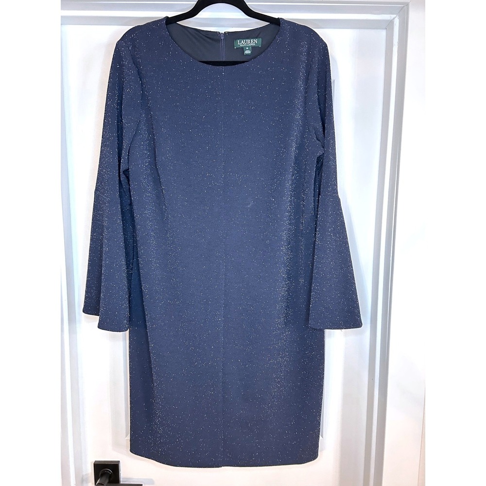 Lauren Ralph Lauren Navy Blue Purple Metallic Shimmer Bell Sleeve Shift Dress 16